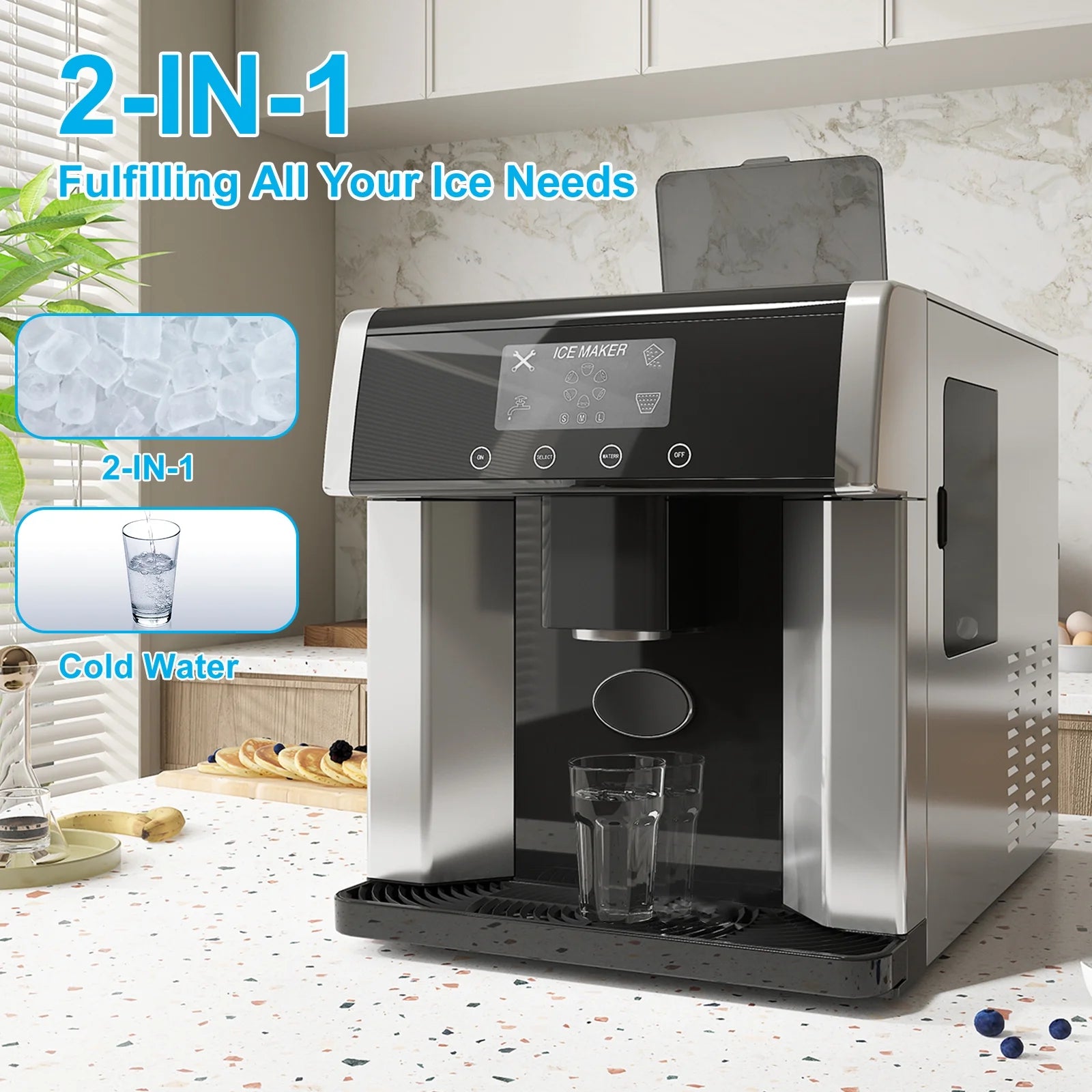 TABU 3 in 1 Ice Maker with Water Dispenser,40 lbs/24H,Ice Machine with Ice Crushing,Self Cleaning,Black
