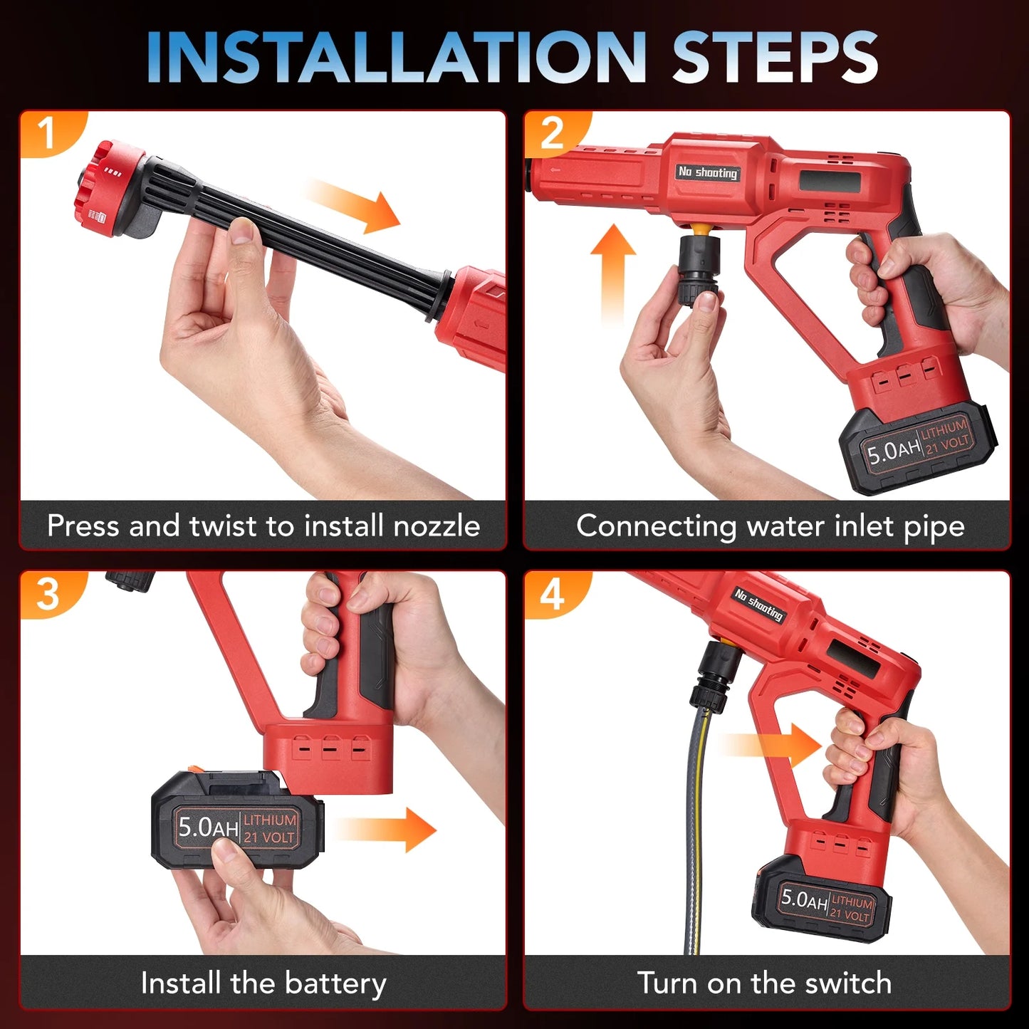 Filluck 1060PSI Cordless Pressure Washer, Portable Handheld High-Pressure Car Washer with 5.0Ah Long-Lasting Battery, 3-Speed Adjustable, 2.8GPM, 6-in-1 Nozzle for Car Cleaning/Garden/Floor