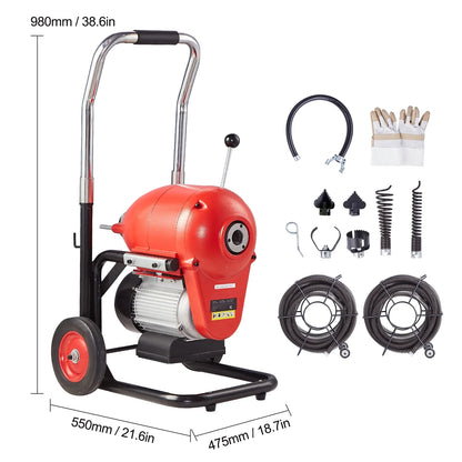 KFFKFF Drain Cleaning Machine, 120FT x 6/5 Inch, 1100W, Manual Operation - Includes 2 Steel Cables, 6 Blades, and Dual-Direction Control for Pipes 4"-8"