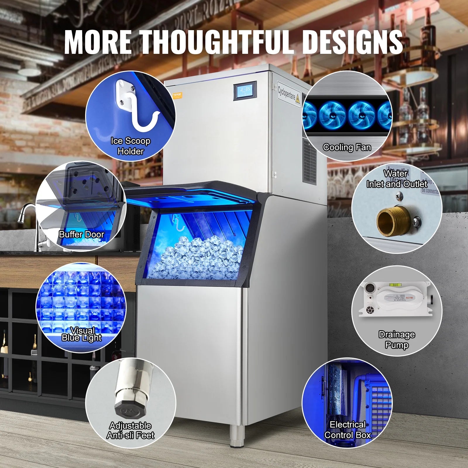 BENTISM Commercial Ice Maker 360LBS/24H & 330.7LBS Storage Bin Auto Self-Cleaning