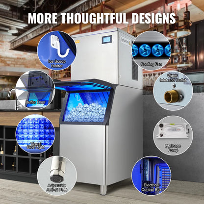 BENTISM Commercial Ice Maker 360LBS/24H & 330.7LBS Storage Bin Auto Self-Cleaning