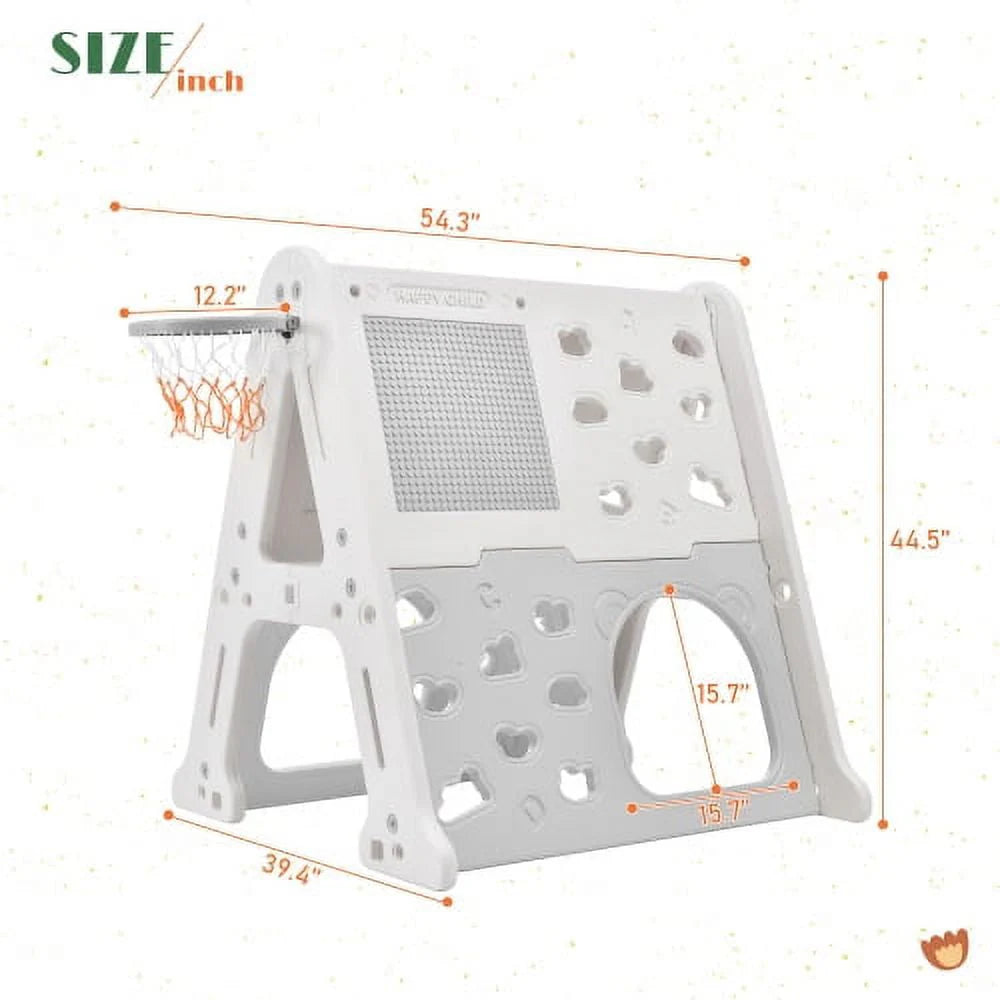 5-in-1 Toddler Climber Basketball Hoop Set Kids, Montessori Climbing Toys for Baby, Playground Climber Playset with Tunnel, Climber, Whiteboard,Toy Building Block Baseplates, Gift for Boys Girls, Gray