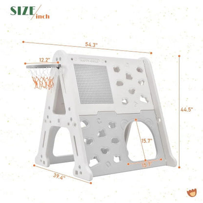 5-in-1 Toddler Climber Basketball Hoop Set Kids, Montessori Climbing Toys for Baby, Playground Climber Playset with Tunnel, Climber, Whiteboard,Toy Building Block Baseplates, Gift for Boys Girls, Gray
