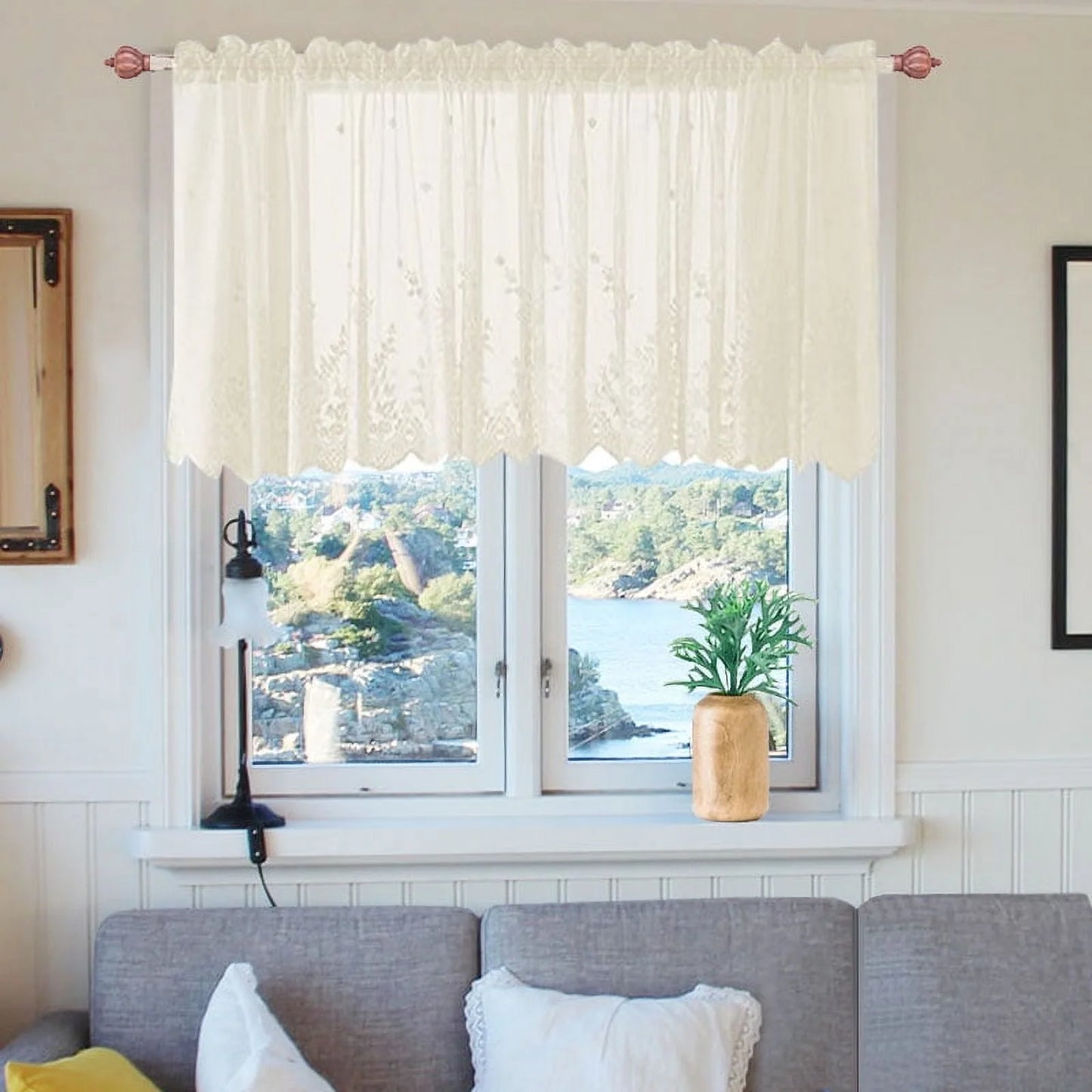 Howarmer Beige Sheer Valance 54 x 35 Inch Embroidered Lace Valance Curtains Living Room Bedroom Rod Pocket Voile Drapes, Elegant Home Decor Window Treatments, 1 Panel