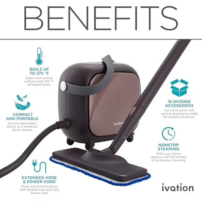 Steam Cleaner, Powerful Multipurpose Steamer w/ 18 Accessories, Chemical-Free Cleaning and Sanitizing for Floor, Tiles, Car Detailing, Wallpaper, Grout, Bed Bugs, Clothes, Curtains and Carpet
