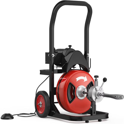 Kselythan 75 FTx1/2 Inch Drain Cleaning Machine, Auto Feed Sewer Snake Drill with Wheels, Pipe Spiral Cleaner with 4 Cutters and Pneumatic Foot Switch, for 2" to 4" Pipes