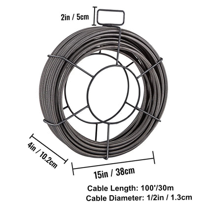 KFFKFF 100 Ft x 1/2 In Solid Core Sewer Line Cleaning Cable, Efficient Pipe Auger Snake for Clog Removal