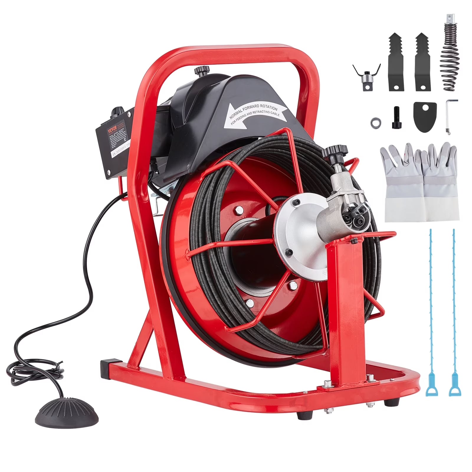 VEVOR Drain Cleaner Machine 50FT x 3/10 Inch, Auto Feed Sewer Snake Auger, Electric Drain Cleaning Machine with 4 Cutters & Air-activated Foot Switch for 2" to 4" Pipes