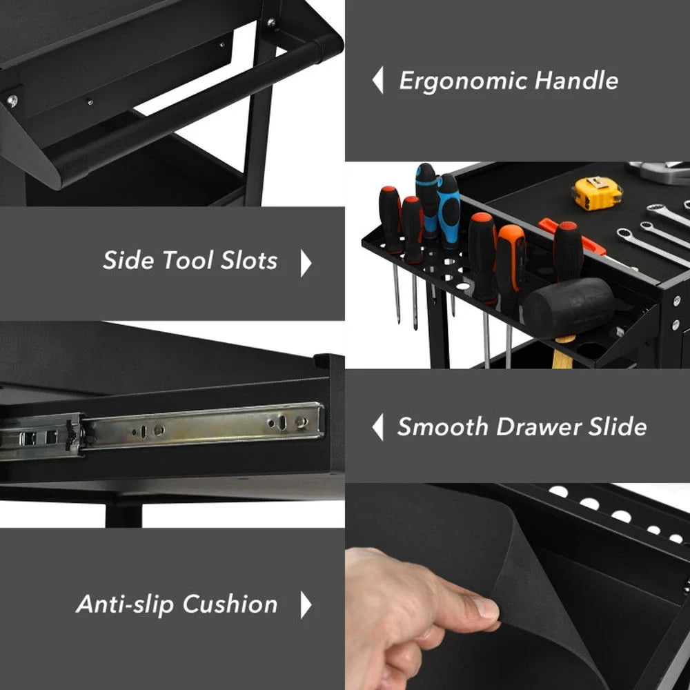 Spaco Rolling Tool Cart Mechanic Cabinet Storage ToolBox Organizer with Drawer-Black, Utility Cart on Wheels for Warehouse Garage Cleaning Office