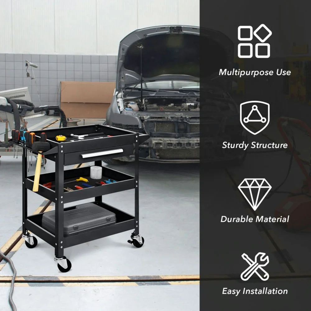 Spaco Rolling Tool Cart Mechanic Cabinet Storage ToolBox Organizer with Drawer-Black, Utility Cart on Wheels for Warehouse Garage Cleaning Office