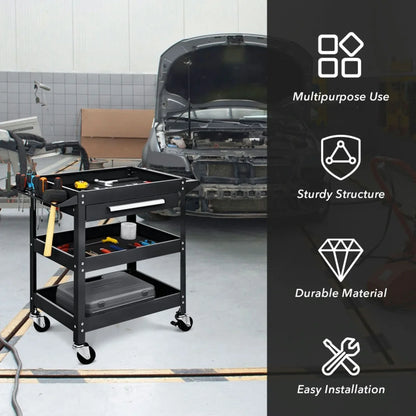 Spaco Rolling Tool Cart Mechanic Cabinet Storage ToolBox Organizer with Drawer-Black, Utility Cart on Wheels for Warehouse Garage Cleaning Office