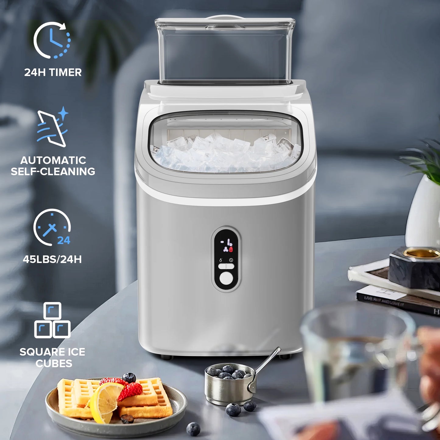 Auseo 45lbs/24H Ice Maker Countertop, 1.5+0.5L Large Water Tank, Cube Ice, Self-Cleaning, 24H Timer, Customizable Ice Making Time, Black