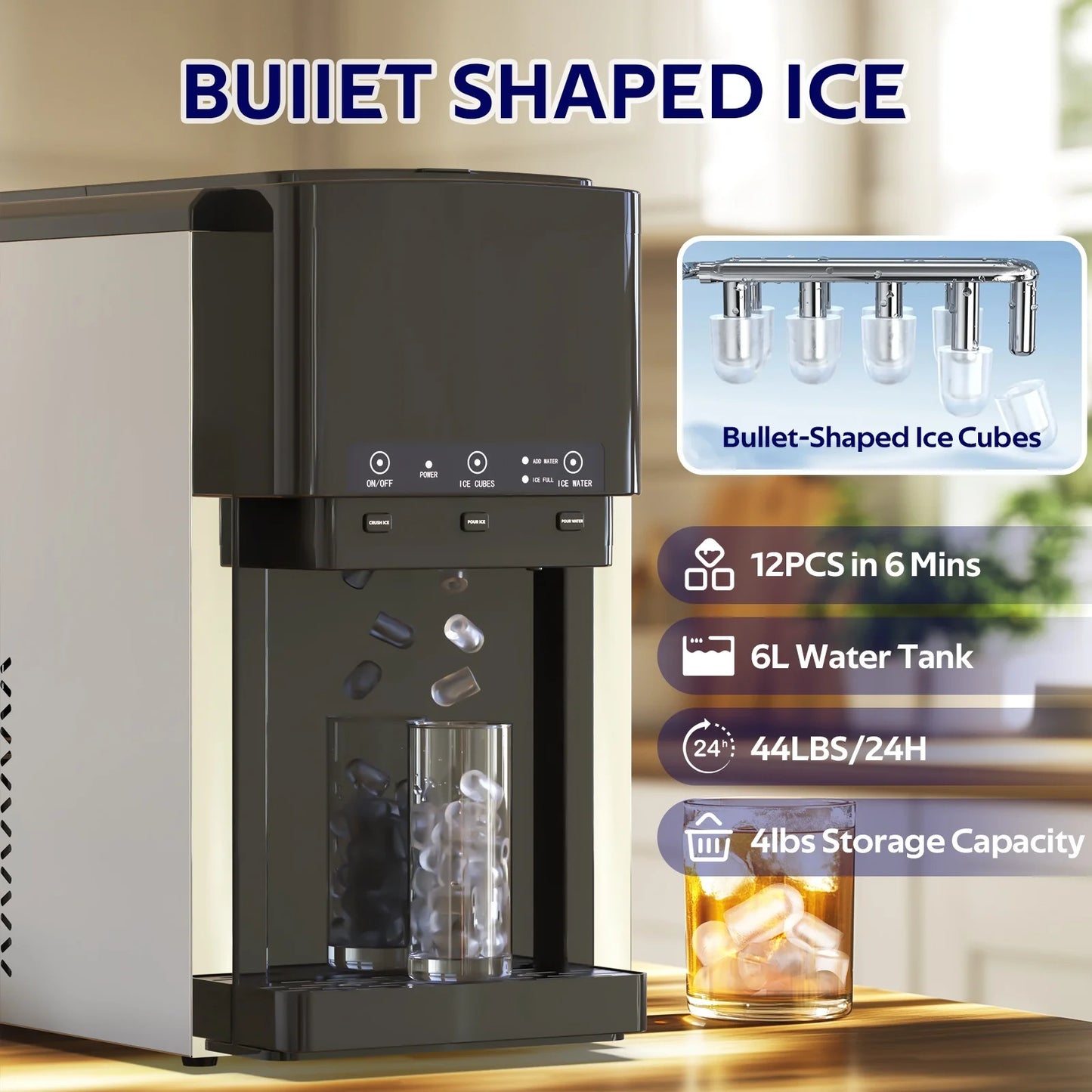 Advwin 3 in 1 Water Dispenser with Ice Maker Countertop, Bullet Ice, Crushed Ice, Water Cooler, 44Lbs/24H, 12 Ice Cube/6Min, Self-cleaning, 4Lbs Ice Storage, Home, Kitchen, Party, RV