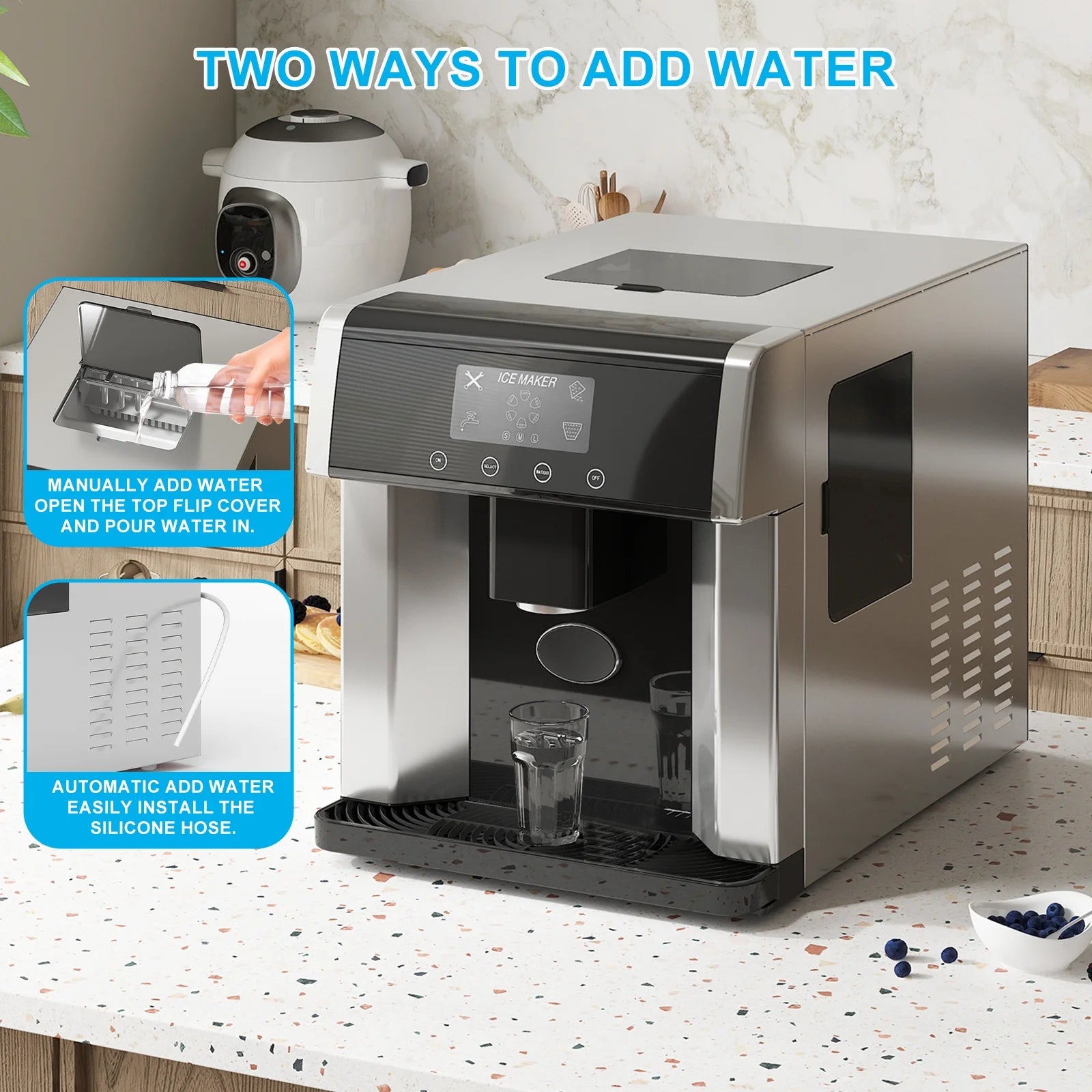 TABU 3 in 1 Ice Maker with Water Dispenser,40 lbs/24H,Ice Machine with Ice Crushing,Self Cleaning,Black