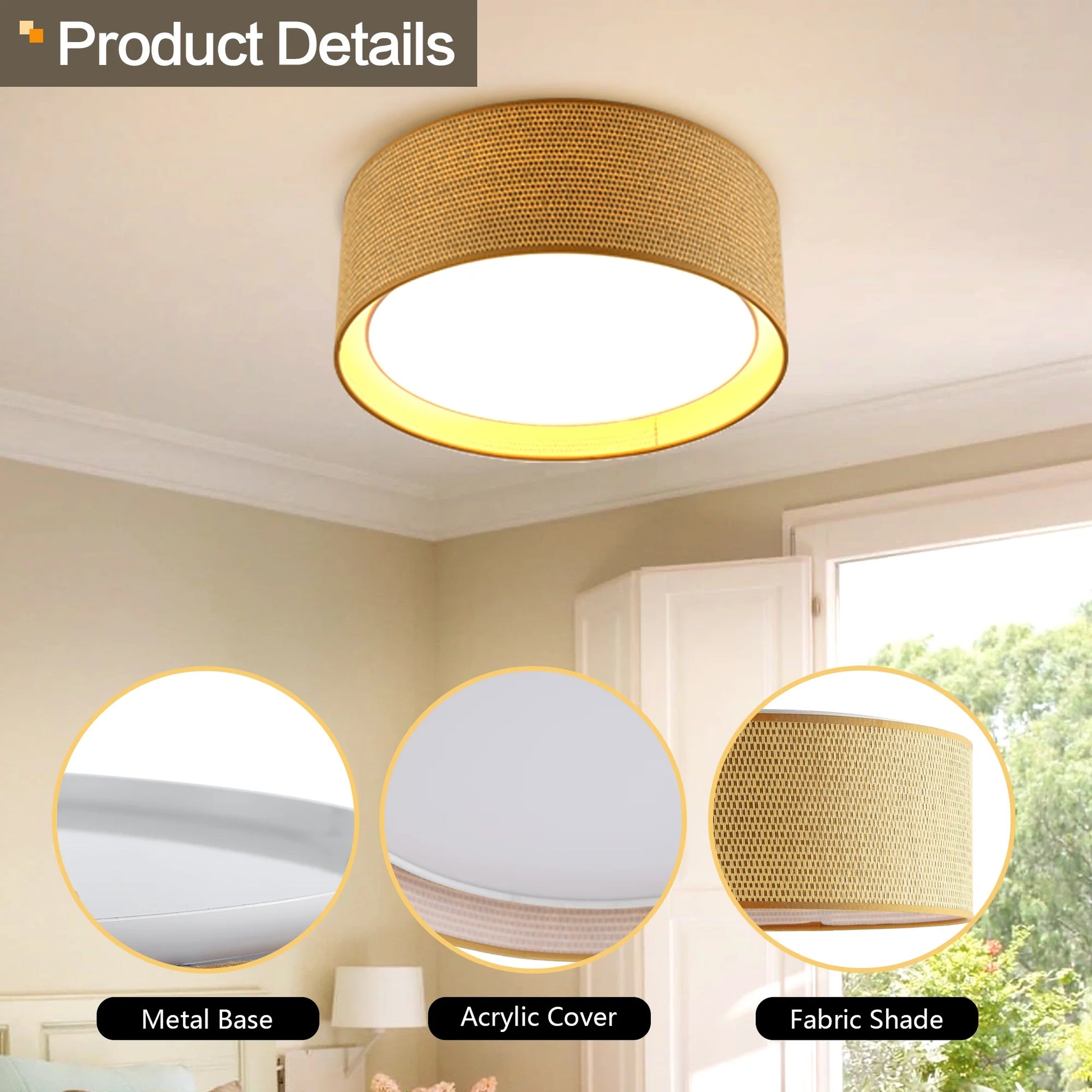 LEDET 15.7 in. Yellow Flush Mount Ceiling Light Rattan Weaving Shade Home Decor Pendant Lighting