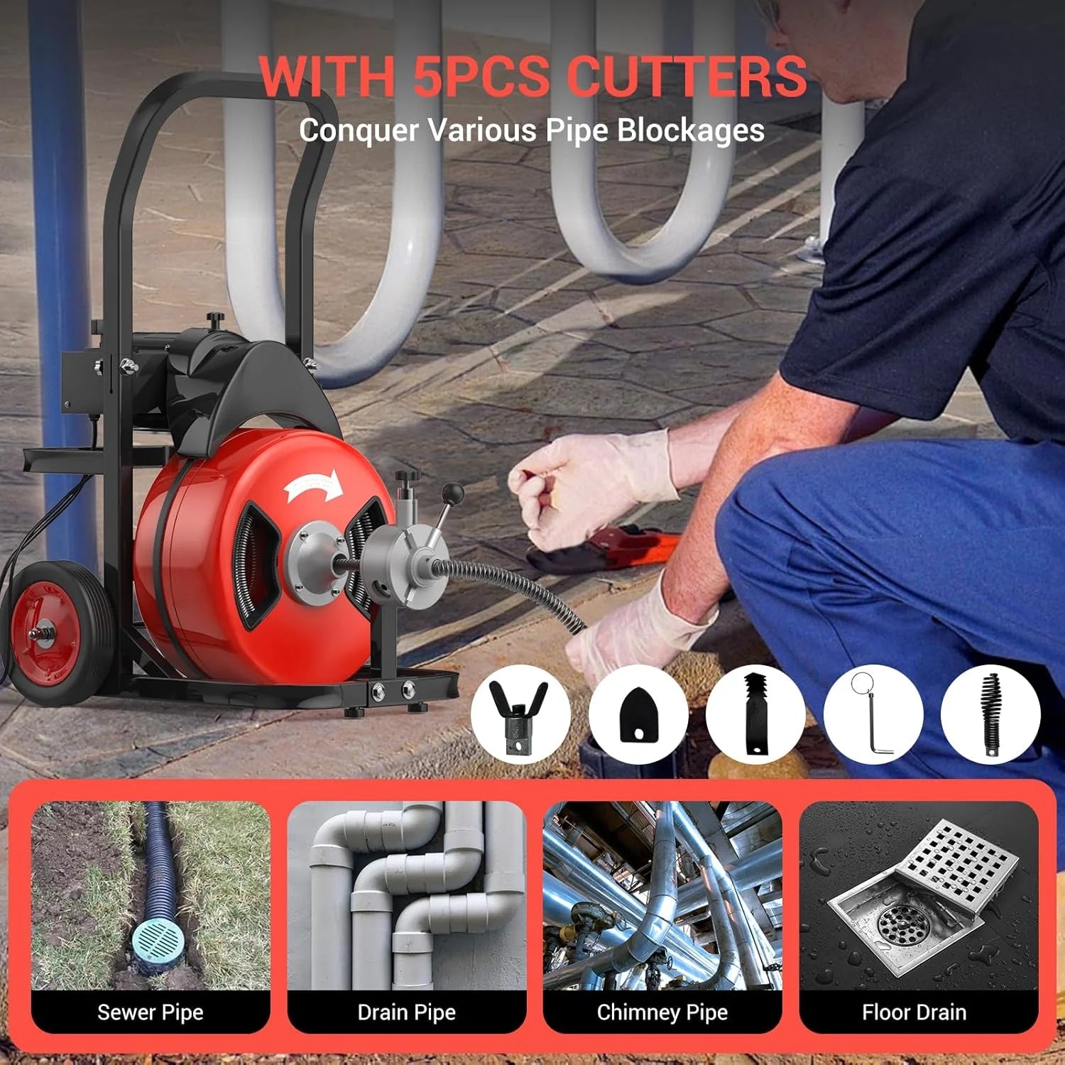 Roromall 75FT 100FT Electric Drain Cleaning Machine with 1/2-inch 3/4-inch Cable, 450W Auto Feed Portable Sewer Snake, Air-Activated Foot Switch, 4 Interchangeable Cutters for 2" to 4" Pipes