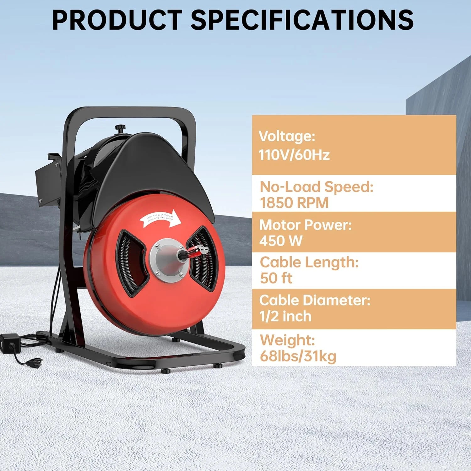 Drain Cleaner Machine 50FTx1/2 Inch,Auto Sewer Snake Auger on Wheels,Portable Drain Cleaning Machine with 4 Cutter & Foot Switch for 2" to 4" Pipes Sewer Sink Toilet Shower