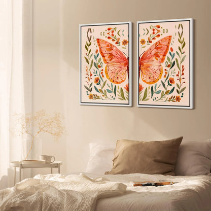 IDEA4WALL Framed Canvas Print Wall Art Set Whimsical Butterfly and Florals Illustration Abstract Botanical Boho Modern Art Wall Decor Colorful Chic Artwork for Home Decor - Natural 24"x36"x2