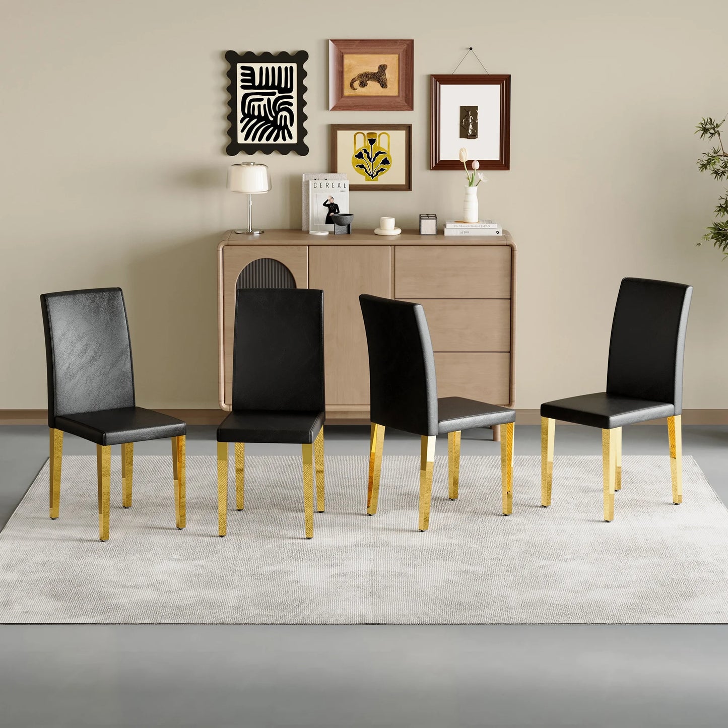 Set of 4 black PU leather backrest chairs with gold metal legs -A perfect pairing, ideal for minimalist and modern home decor styles, with product dimensions of 16.2*18.5*34.6 inches.