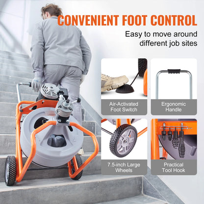 VEVOR Drain Cleaner Machine 100FT x 1/2 Inch, Auto Feed Sewer Snake Drain Auger on Wheels, Portable Drain Cleaning Machine with 8 Cutters & Air-activated Foot Switch for 2" to 4" Pipes