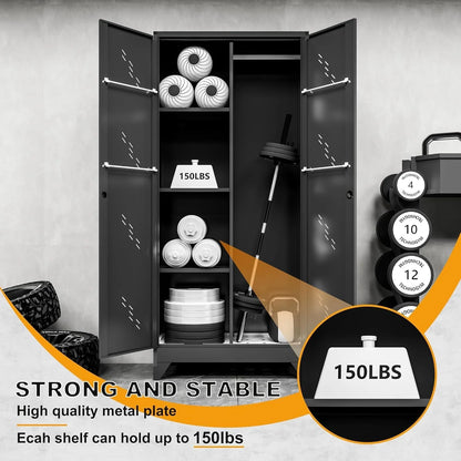 Metal Storage Cabinet with Locking Doors & Shelves, Outdoor Storage, Heavy Duty Cleaning Tool Organizer for Garage, Office, Warehouse