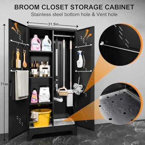 Metal Storage Cabinet, Black Broom Storage Cabinets with Doors and Shelves, Tall Garage Tool Cabinet, Lockable Cleaning Closet Storage Cabinet for Home, Office, Laundry Room, Warehouses