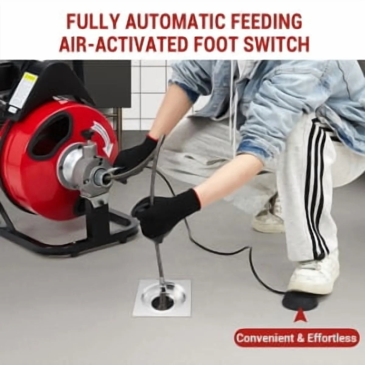 Drain Cleaner Machine 75Ft x 3/8 Inch,200W Drain Cleaning Machine,Portable Sewer Snake Auger with 8 Cutters & Air-activated Foot Switch, Fits 1" to 4" Pipes