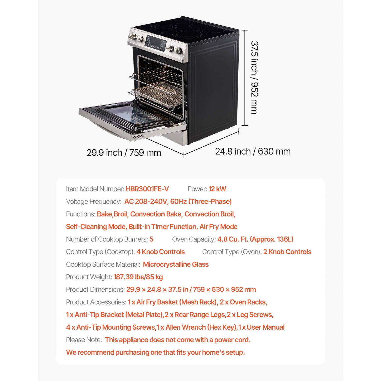 KFFKFF 30-Inch Electric Range Oven, 4.8 Cu. Ft. Freestanding Stainless Steel Stove, Features 5 Burners, Timer, Self-Cleaning, Air Fry Function, Adjustable Racks, and Storage Drawer, Silver