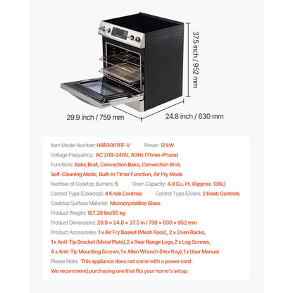 KFFKFF 30-Inch Electric Range Oven, 4.8 Cu. Ft. Freestanding Stainless Steel Stove, Features 5 Burners, Timer, Self-Cleaning, Air Fry Function, Adjustable Racks, and Storage Drawer, Silver