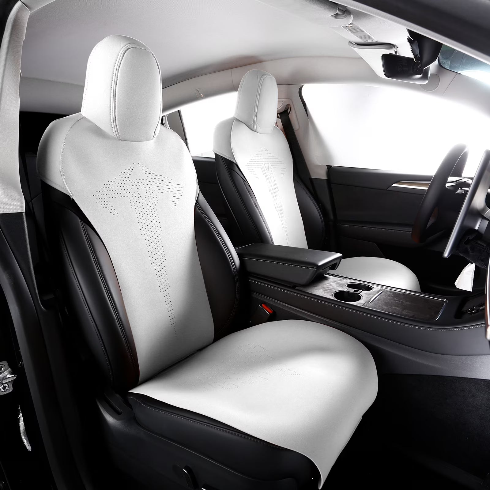 Ikon Motorsports Seat Cover Cushions Compatible With 2020-2024 Tesla Model Y 4-Door, V1 Style White Suede Leather 1st 2nd Row 5-Seat Seat Cover Cushion Protectors