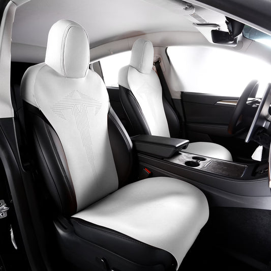 Ikon Motorsports Seat Cover Cushions Compatible With 2020-2024 Tesla Model Y 4-Door, V1 Style White Suede Leather 1st 2nd Row 5-Seat Seat Cover Cushion Protectors