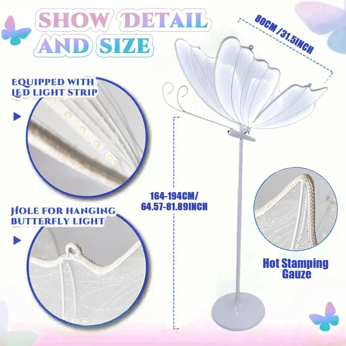 2-Pack Romantic Butterfly Floor Lamp with LED Lights, White & Gold Options, for Wedding, Party, Home Decor, Hanging Chandelier (Multiple Sizes, US Plug)