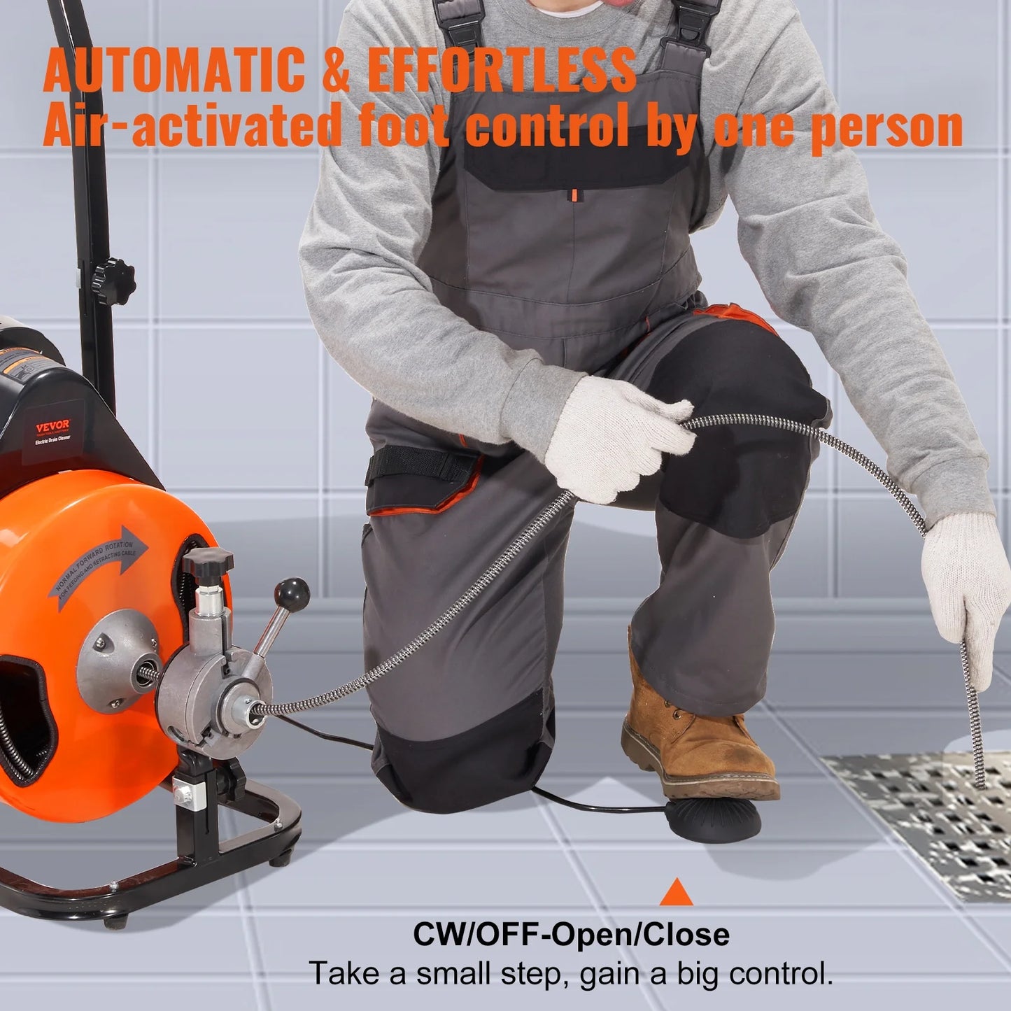 VEVOR Drain Cleaning Machine 50 FT x 1/2 Inch, Sewer Auger Auto Feed with 4 Cutter & Air-activated Foot Switch for 1" to 4" Pipes, Orange, Black