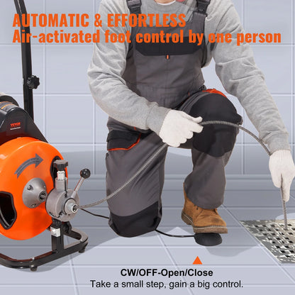 VEVOR Drain Cleaning Machine 50 FT x 1/2 Inch, Sewer Auger Auto Feed with 4 Cutter & Air-activated Foot Switch for 1" to 4" Pipes, Orange, Black