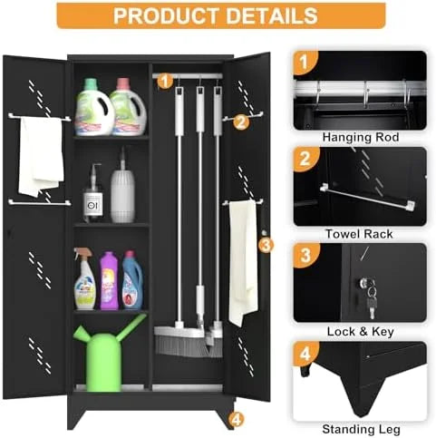 Metal Storage Cabinet, Black Broom Storage Cabinets with Doors and Shelves, Tall Garage Tool Cabinet, Lockable Cleaning Closet Storage Cabinet for Home, Office, Laundry Room, Warehouses