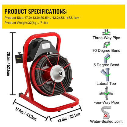 BENTISM Drain Cleaner 50\'-100\' Drain Cleaning Machine Snake Sewer Clean w/ Cutters[50ft x 3/8in Light(open type)]