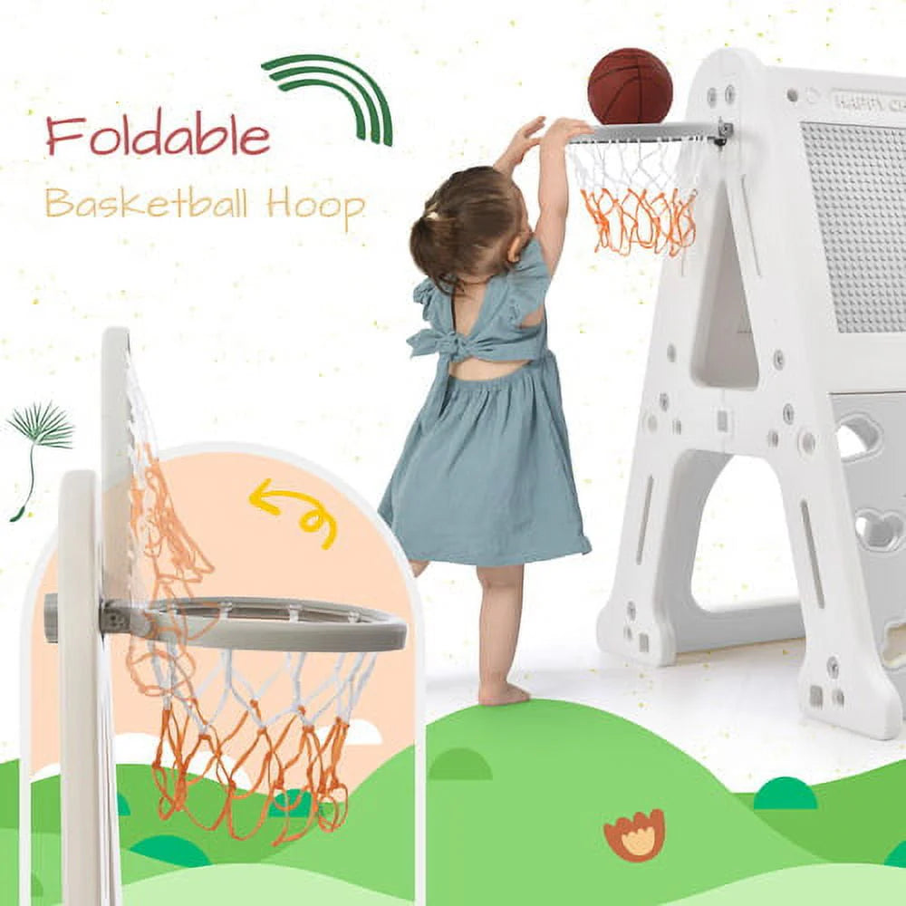 5-in-1 Toddler Climber Basketball Hoop Set Kids, Montessori Climbing Toys for Baby, Playground Climber Playset with Tunnel, Climber, Whiteboard,Toy Building Block Baseplates, Gift for Boys Girls, Gray