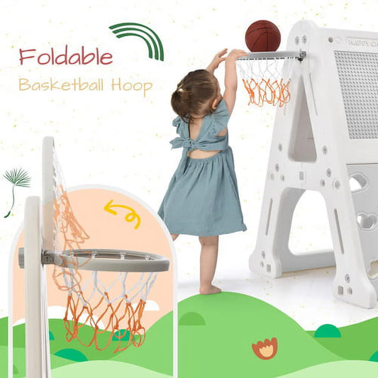 5-in-1 Toddler Climber Basketball Hoop Set Kids, Montessori Climbing Toys for Baby, Playground Climber Playset with Tunnel, Climber, Whiteboard,Toy Building Block Baseplates, Gift for Boys Girls, Gray
