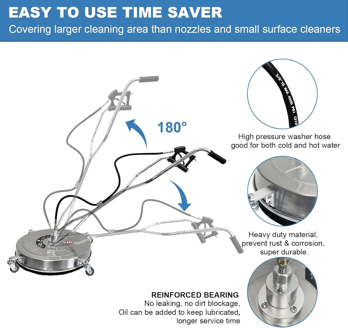 Garvee 24" Pressure Washer Surface Cleaner with Dual Handles �C Stainless Steel, 4-Wheel Design for Driveways, Sidewalks, Curbs, Decks, & Patios �C 4900 PSI, High-Efficiency Cleaning Accessory