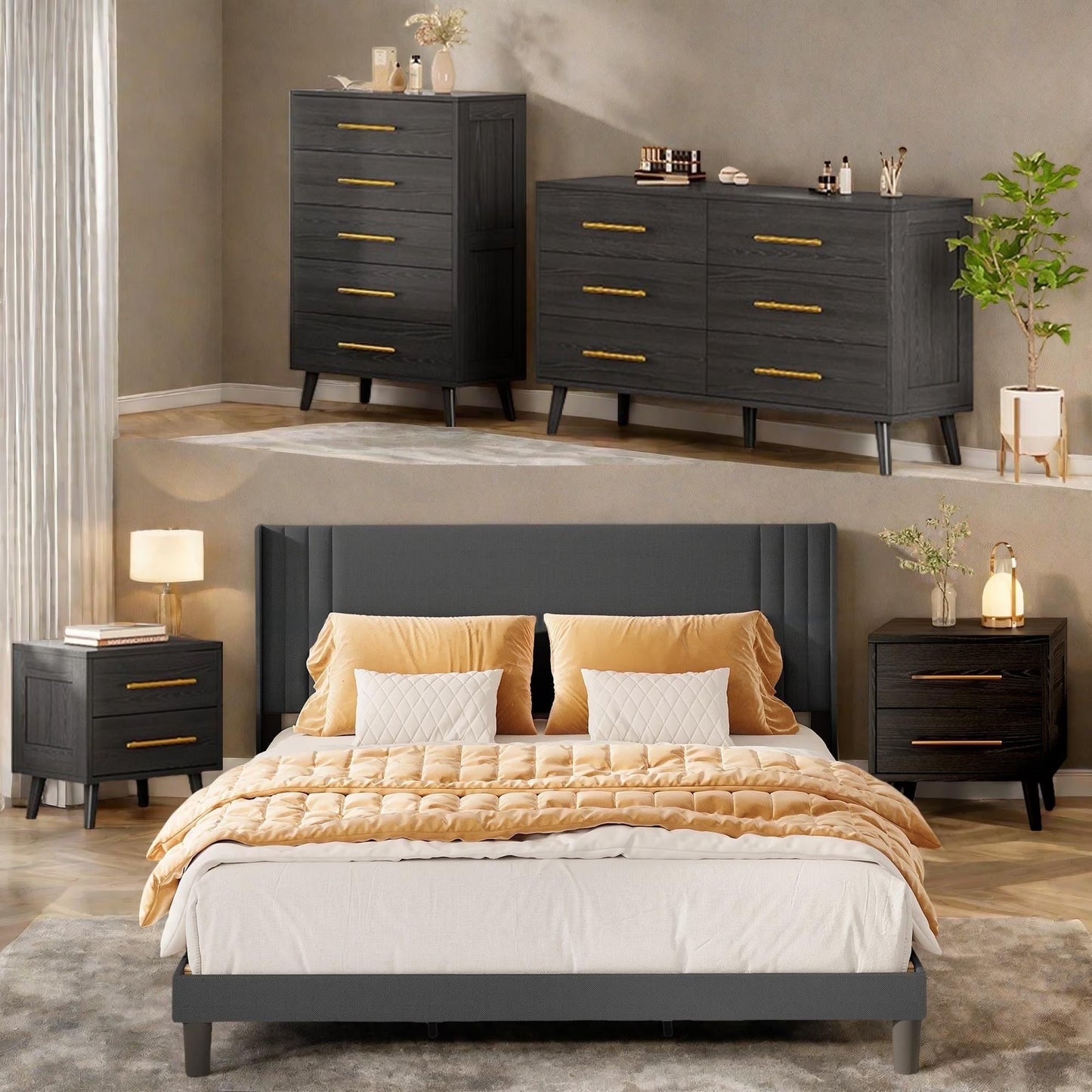 Bedroom Furniture Set - Includes Queen Bed Frame, Nightstands Set of 2, 5-Drawer Dresser & Double Wide 6-Drawer Dresser - Modern Storage Solution for Stylish Home Decor, Black