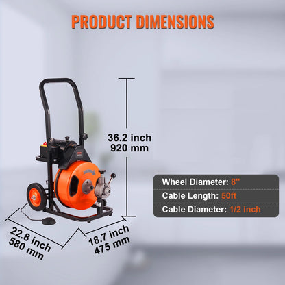 VEVOR Drain Cleaning Machine 50 FT x 1/2 Inch, Sewer Auger Auto Feed with 4 Cutter & Air-activated Foot Switch for 1" to 4" Pipes, Orange, Black