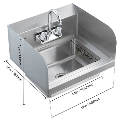 KFFKFF Industrial Hand Basin with Tap and Side Guard, Steel Basin for Cleaning, Compact Hand Cleaning Basin, Wall-Fitted Washbasin for Diner, Garage and Residence, 17x12.8 inch