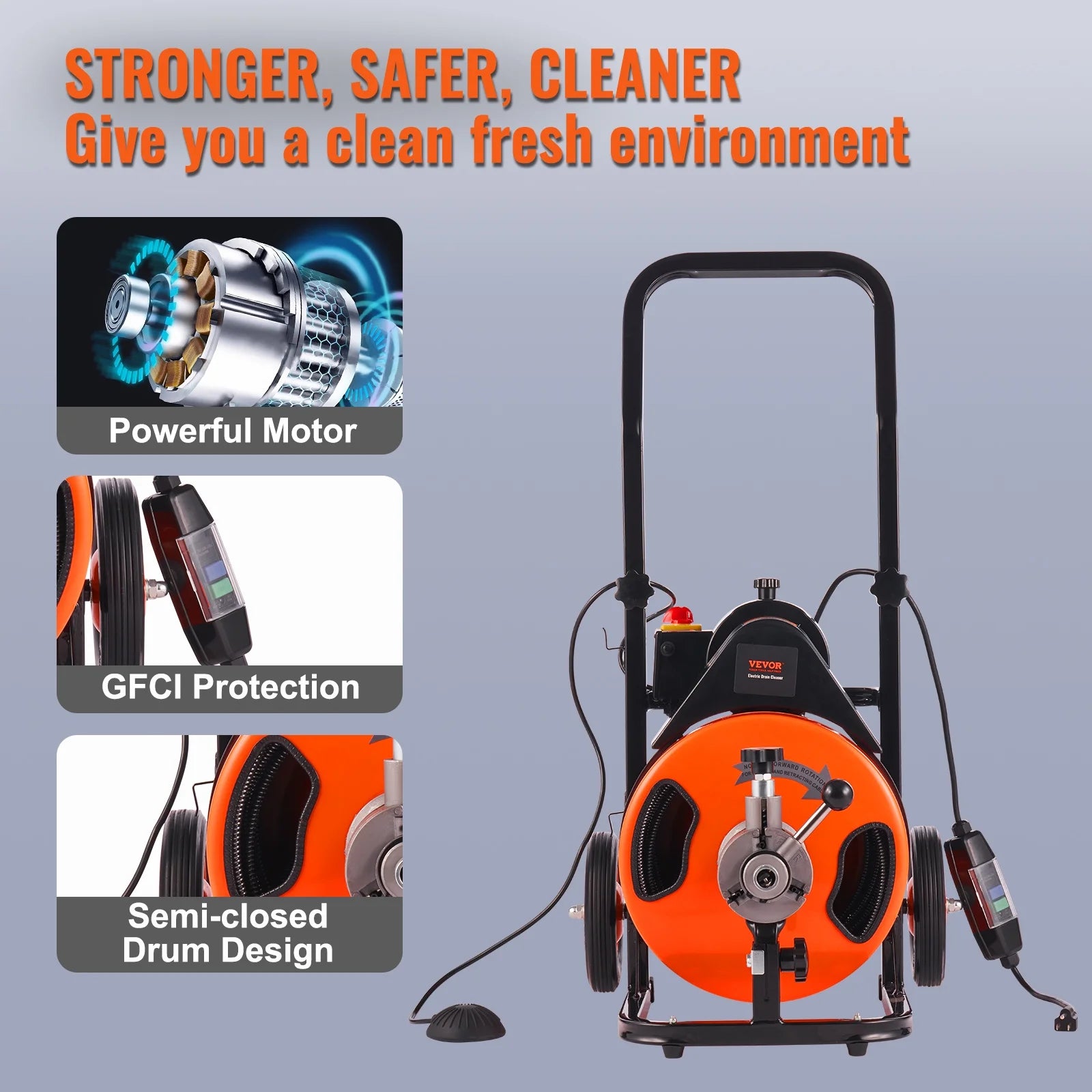 VEVOR Drain Cleaning Machine 50 FT x 1/2 Inch, Sewer Auger Auto Feed with 4 Cutter & Air-activated Foot Switch for 1" to 4" Pipes, Orange, Black