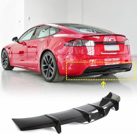 Model S Carbon Fiber Rear Diffuser fits for Tesla Model S Sedan 4 Door 2021-2023 Rear Bumper Cover Lower Lip Spoiler Valance Protector