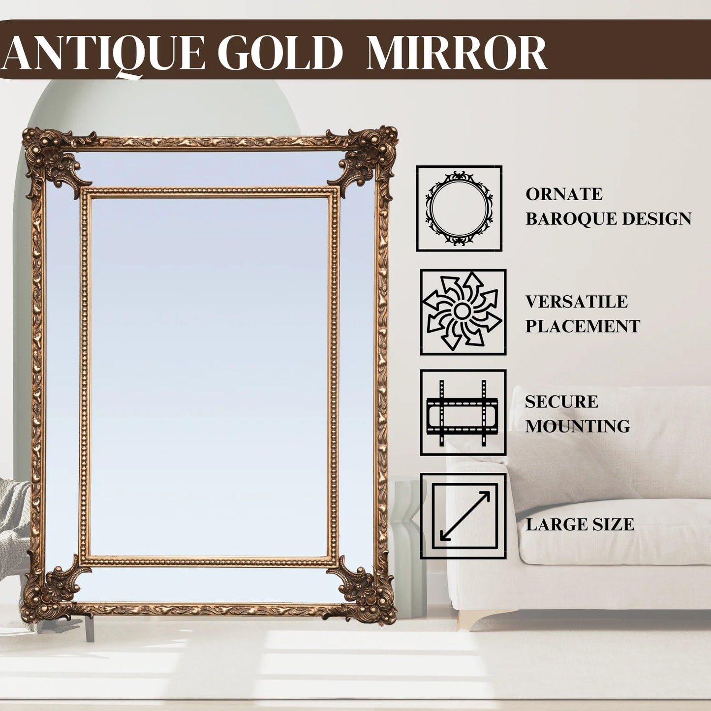FFPEG Rectangular Baroque Style Antique Gold Mirror - Traditional Old-World Charm -Home Decor