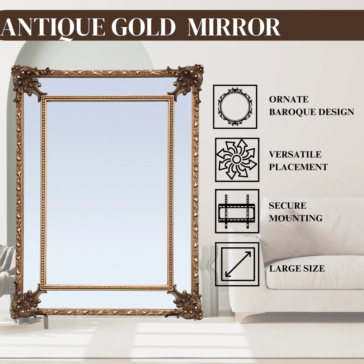 FFPEG Rectangular Baroque Style Antique Gold Mirror - Traditional Old-World Charm -Home Decor