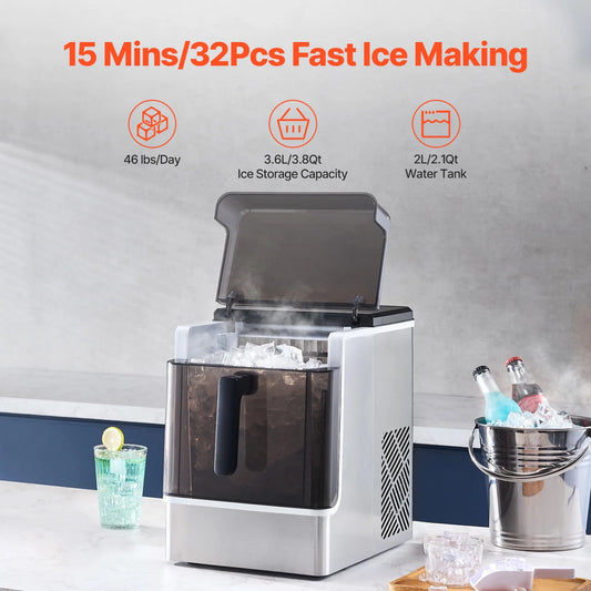KFFKFF Tabletop Ice Cube Machine, Produces 32 Ice Cubes in 15 Minutes, 46lbs Daily Output, Self-Cleaning and Portable, Easy Ice Transfer, 3 Different Ice Cube Sizes, Ideal for Home, Kitchen, Office