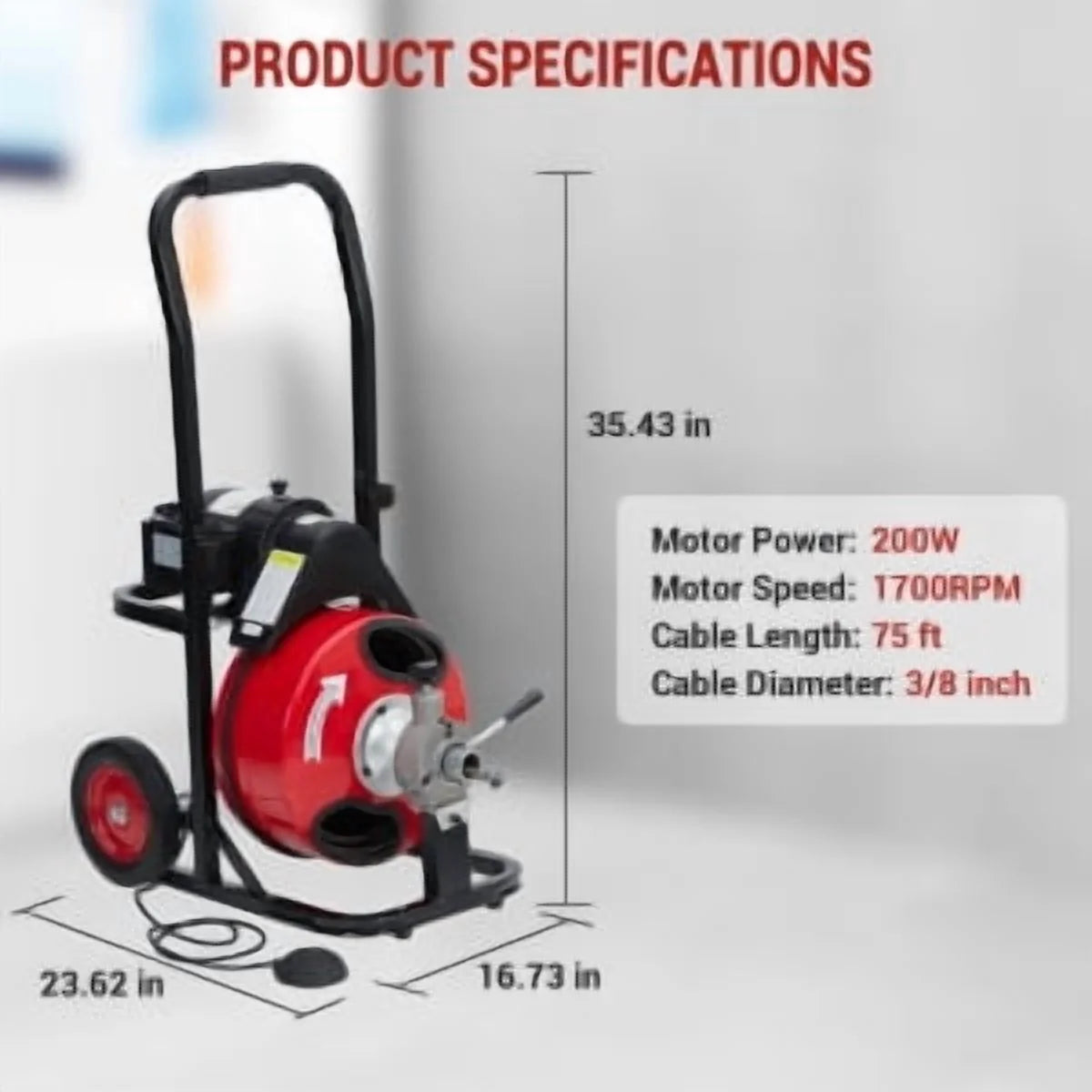 Drain Cleaner Machine 75Ft x 3/8 Inch,200W Drain Cleaning Machine,Portable Sewer Snake Auger with 8 Cutters & Air-activated Foot Switch, Fits 1" to 4" Pipes