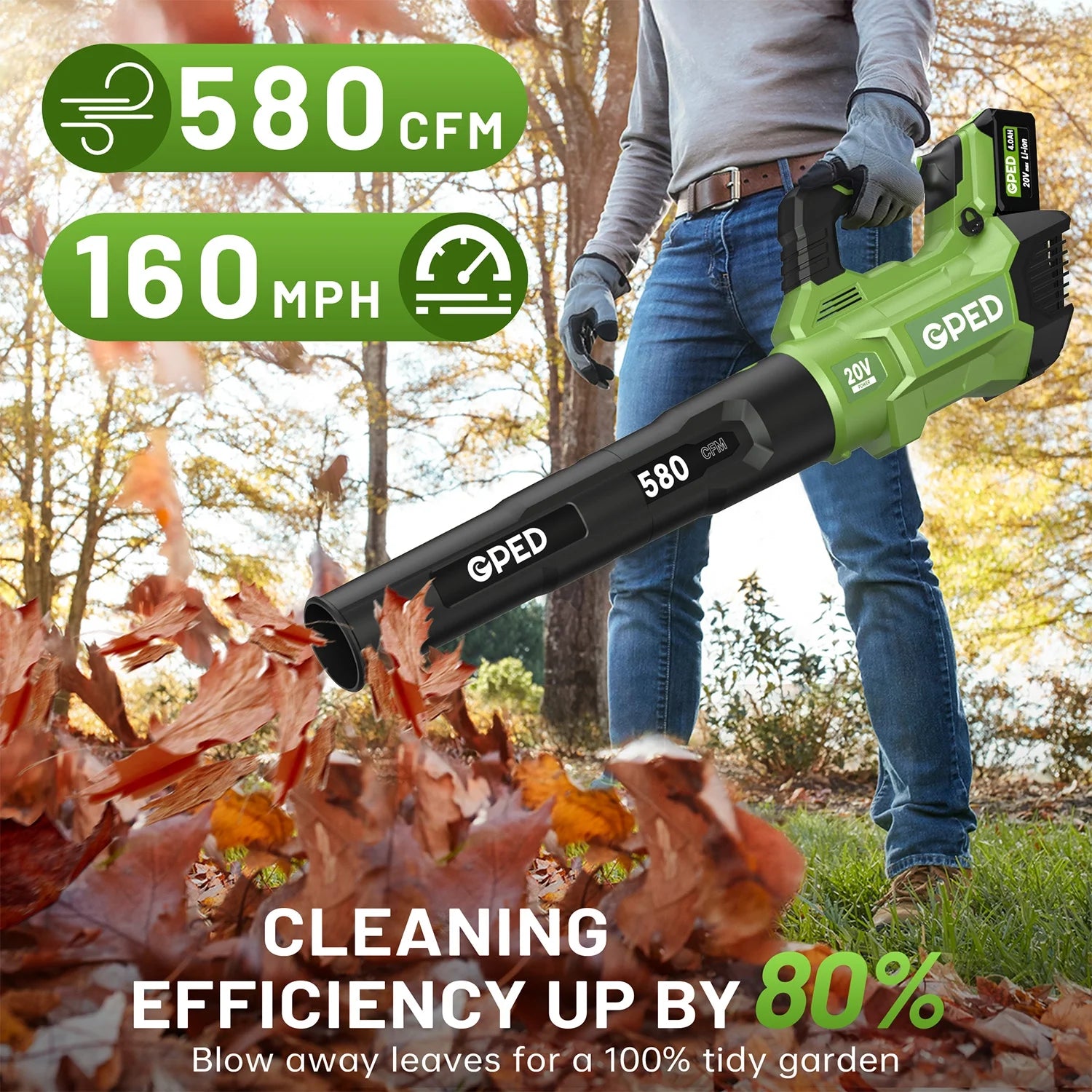 GPED Leaf Blower, 3 Speed Adjustment Electric Cordless Leaf Blower with 2 x 4.0Ah Batteries, Charger, Shoulder Strap, 580CFM/160MPH, Ideal for Patio Cleaning, Lawn Care, Blowing Leaves, Green