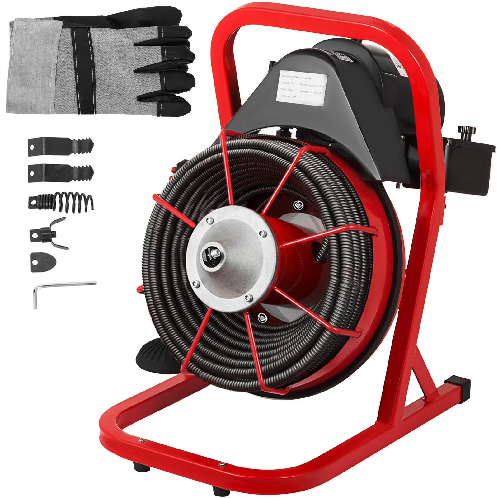 KFFKFF 50 Ft x 1/2 Inch Drain Cleaner Machine fit 1 Inch (25mm) to 4 Inch(100mm) Pipes Drain Cleaning Machine Portable Electric Drain Auger with Cutters Glove Drain Auger Cleaner Sewer Snake